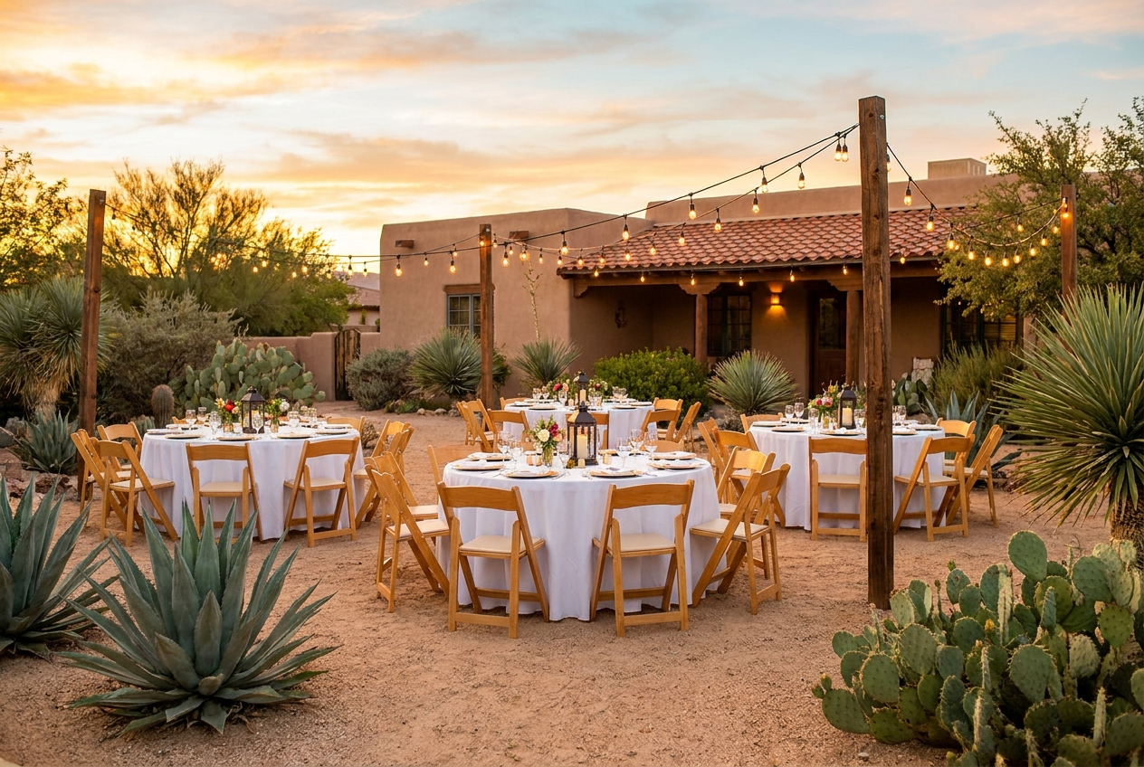Backyard party setup with string lights in Las Cruces