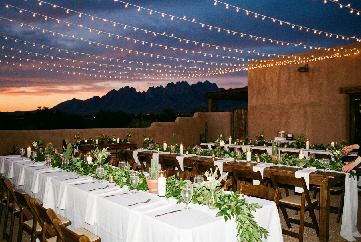 Wedding reception tables with string lights at dusk