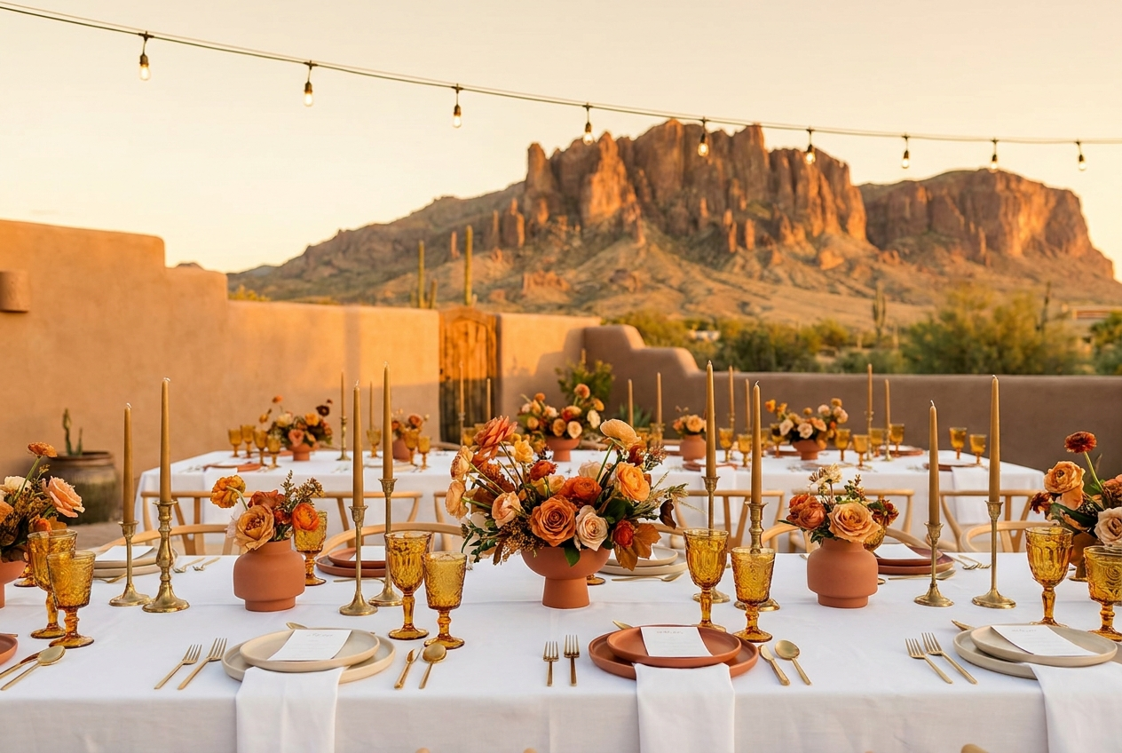 Elegantly set outdoor event table with string lights and Organ Mountains in the background