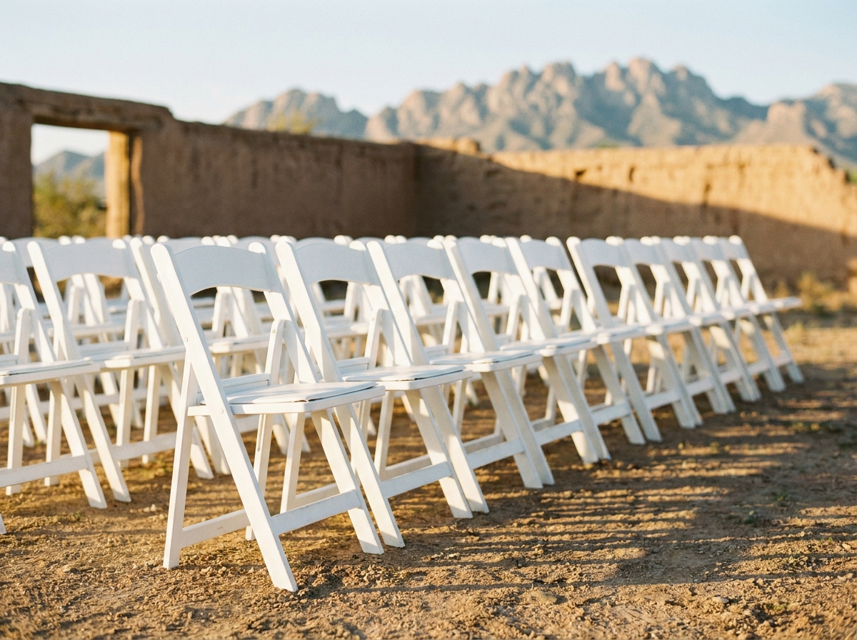 Rows of white folding event chairs