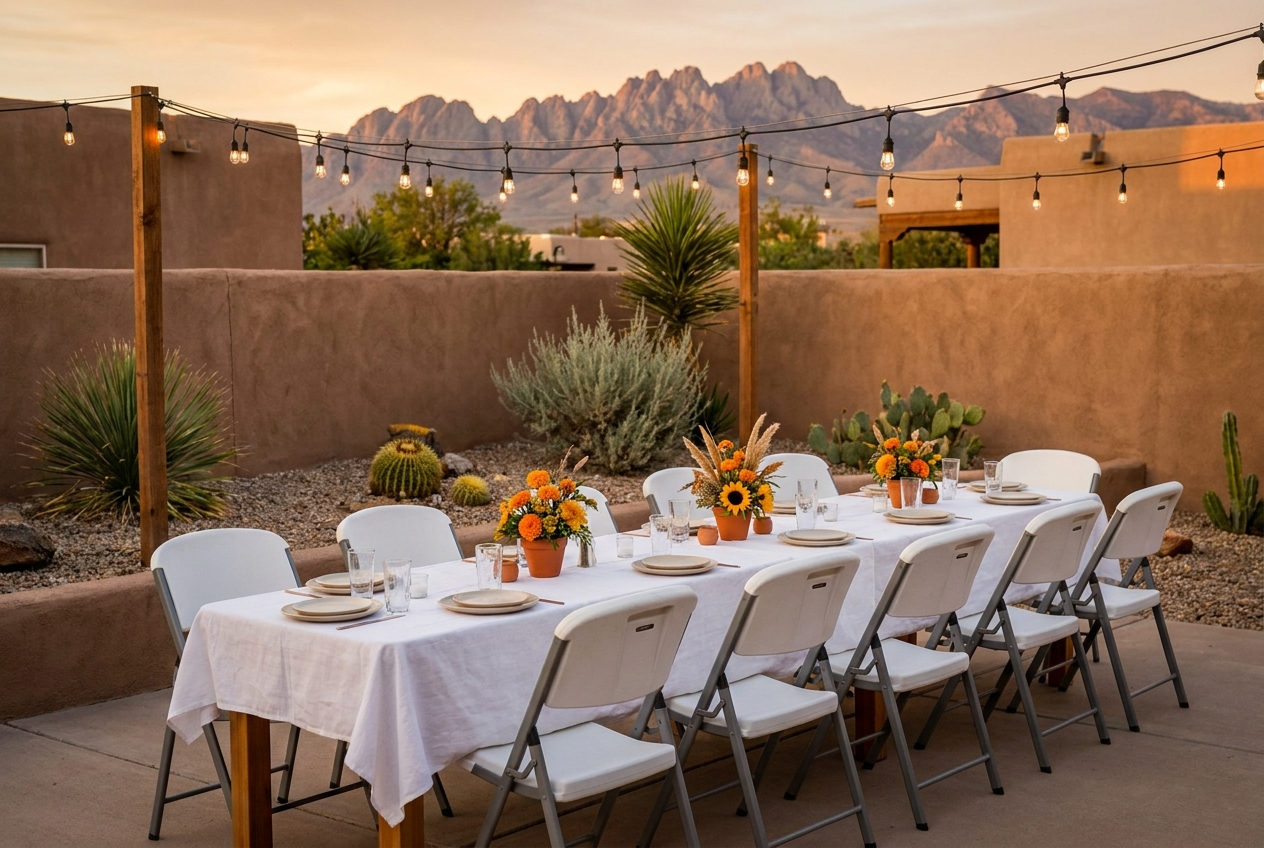 Elegantly set outdoor event table with string lights and Organ Mountains in the background